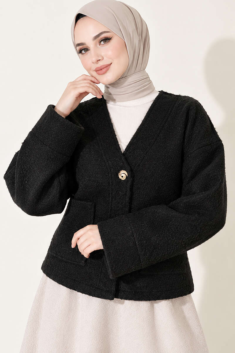 Felt Jacket with Gold Buttons and Two Pockets - Black