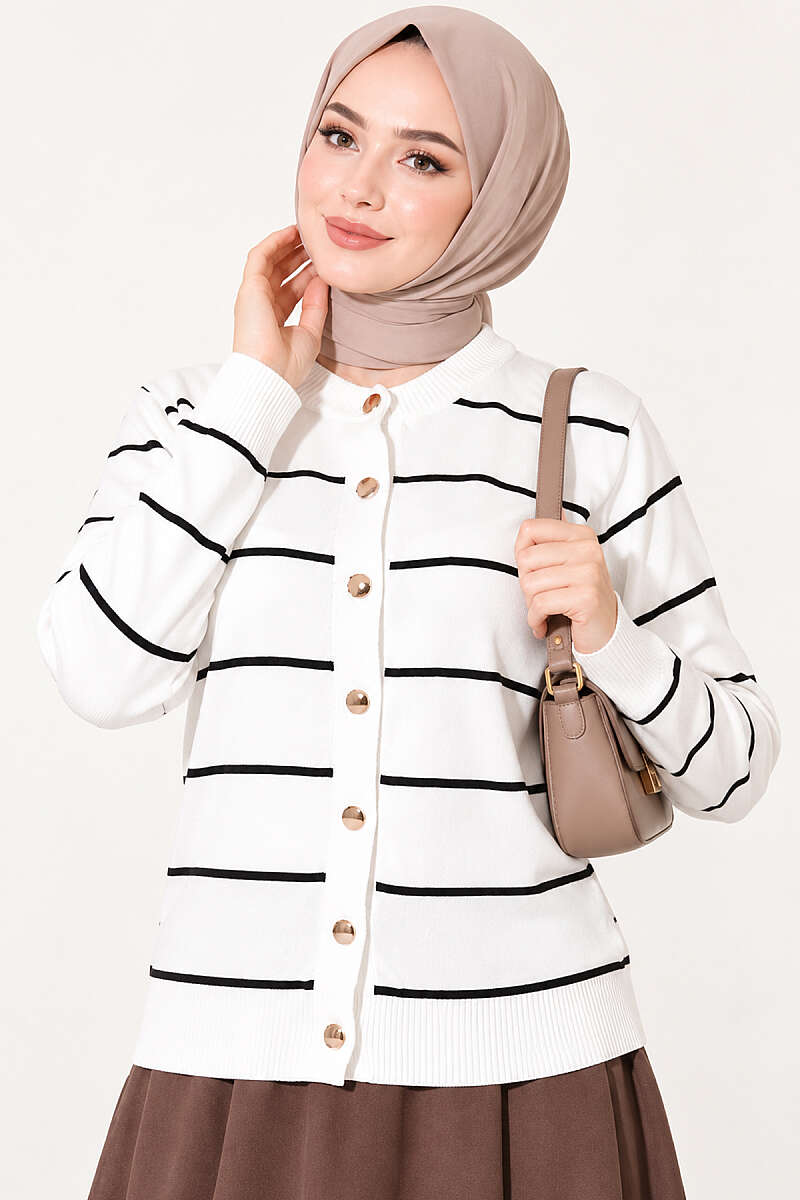 Striped Mercerised Cardigan with Gold Buttons - White