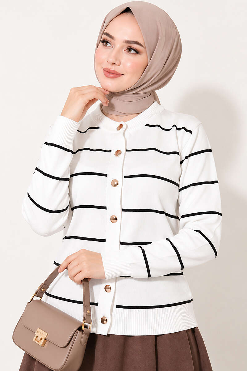 Striped Mercerised Cardigan with Gold Buttons - White