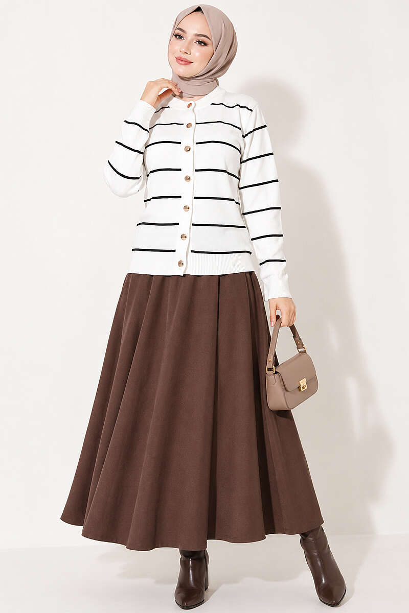 Striped Mercerised Cardigan with Gold Buttons - White