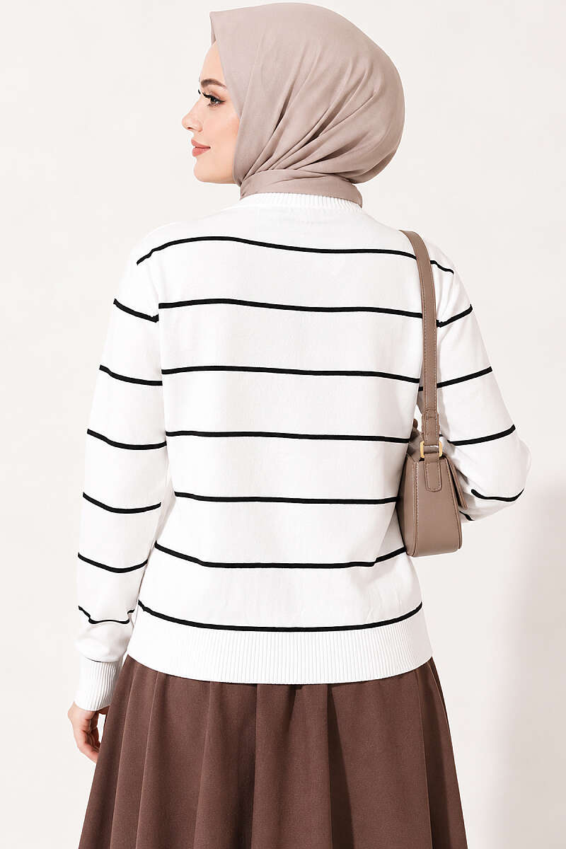 Striped Mercerised Cardigan with Gold Buttons - White