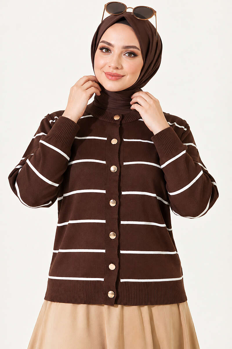 Striped Mercerised Cardigan with Gold Buttons - Brown