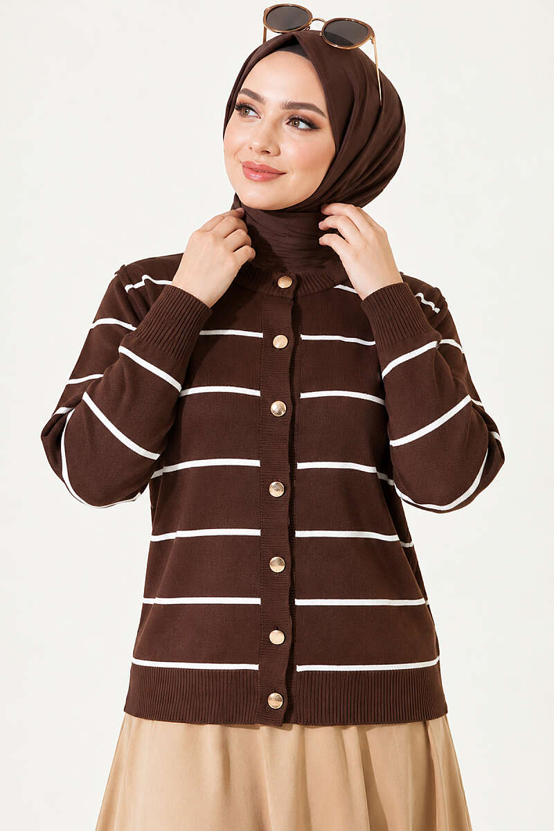 Striped Mercerised Cardigan with Gold Buttons - Brown