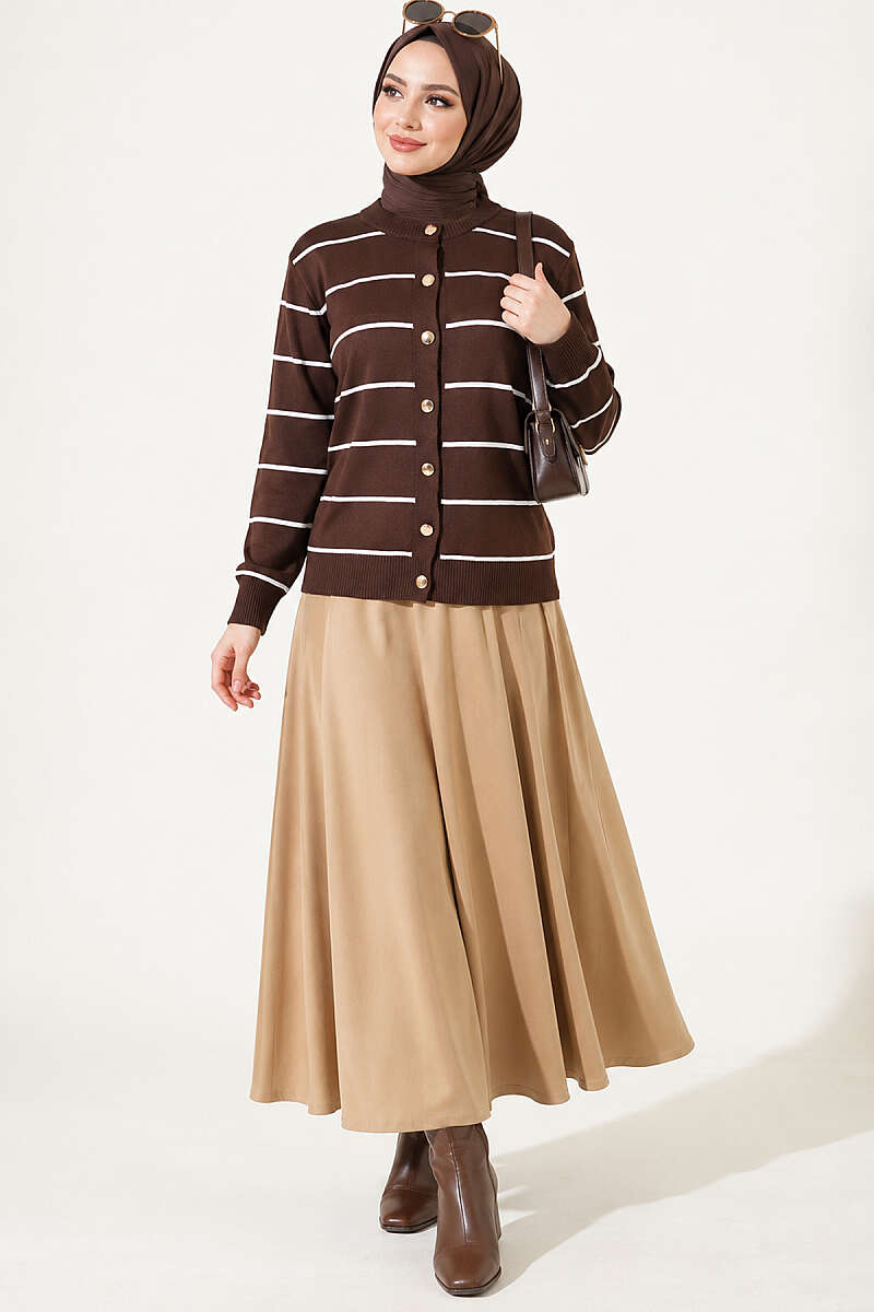 Striped Mercerised Cardigan with Gold Buttons - Brown