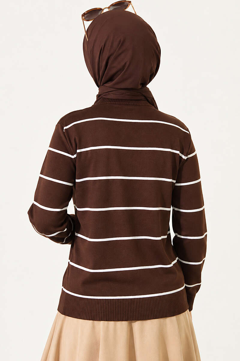 Striped Mercerised Cardigan with Gold Buttons - Brown