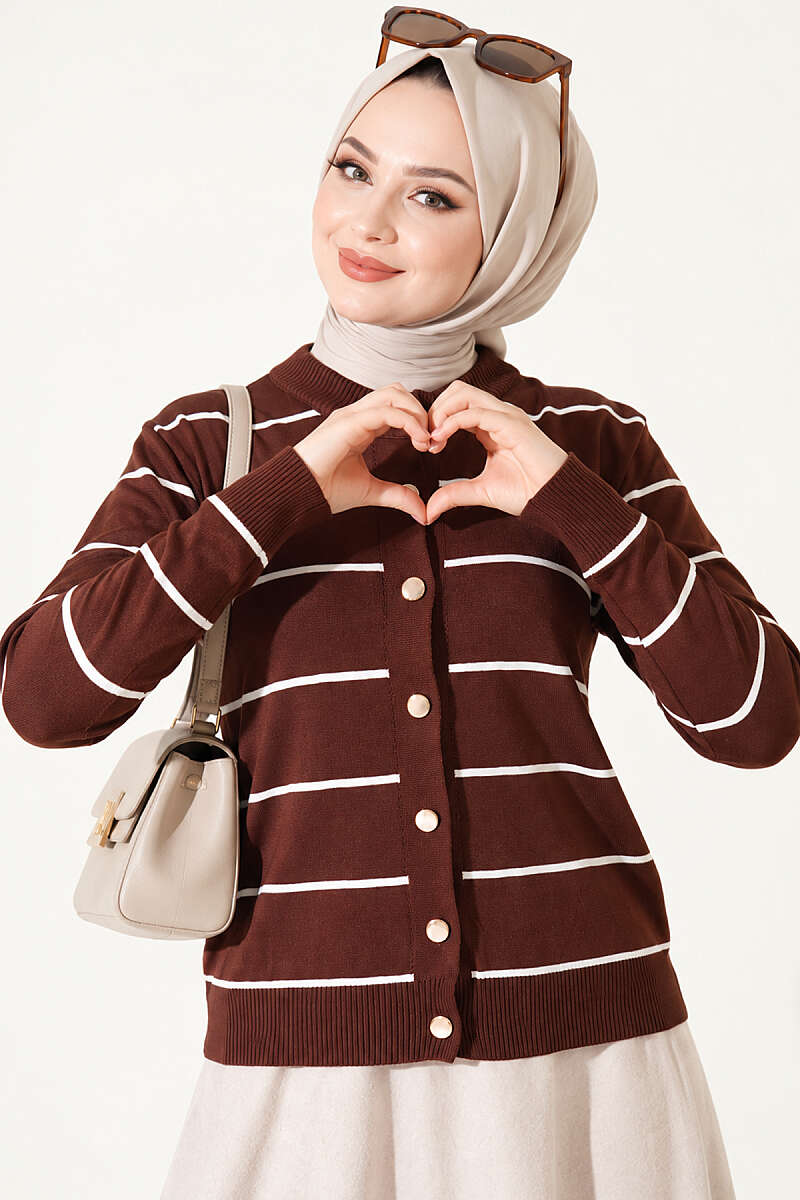 Striped Mercerised Cardigan with Gold Buttons - Chestnut