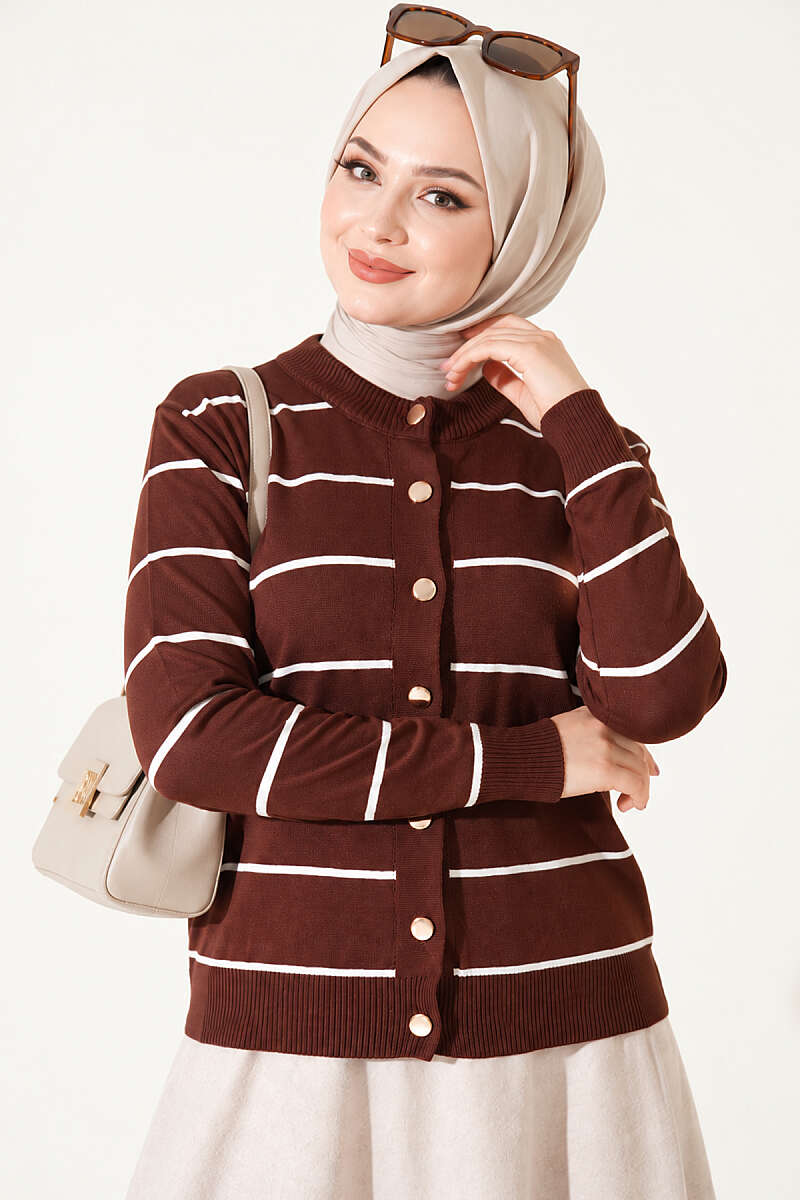 Striped Mercerised Cardigan with Gold Buttons - Chestnut
