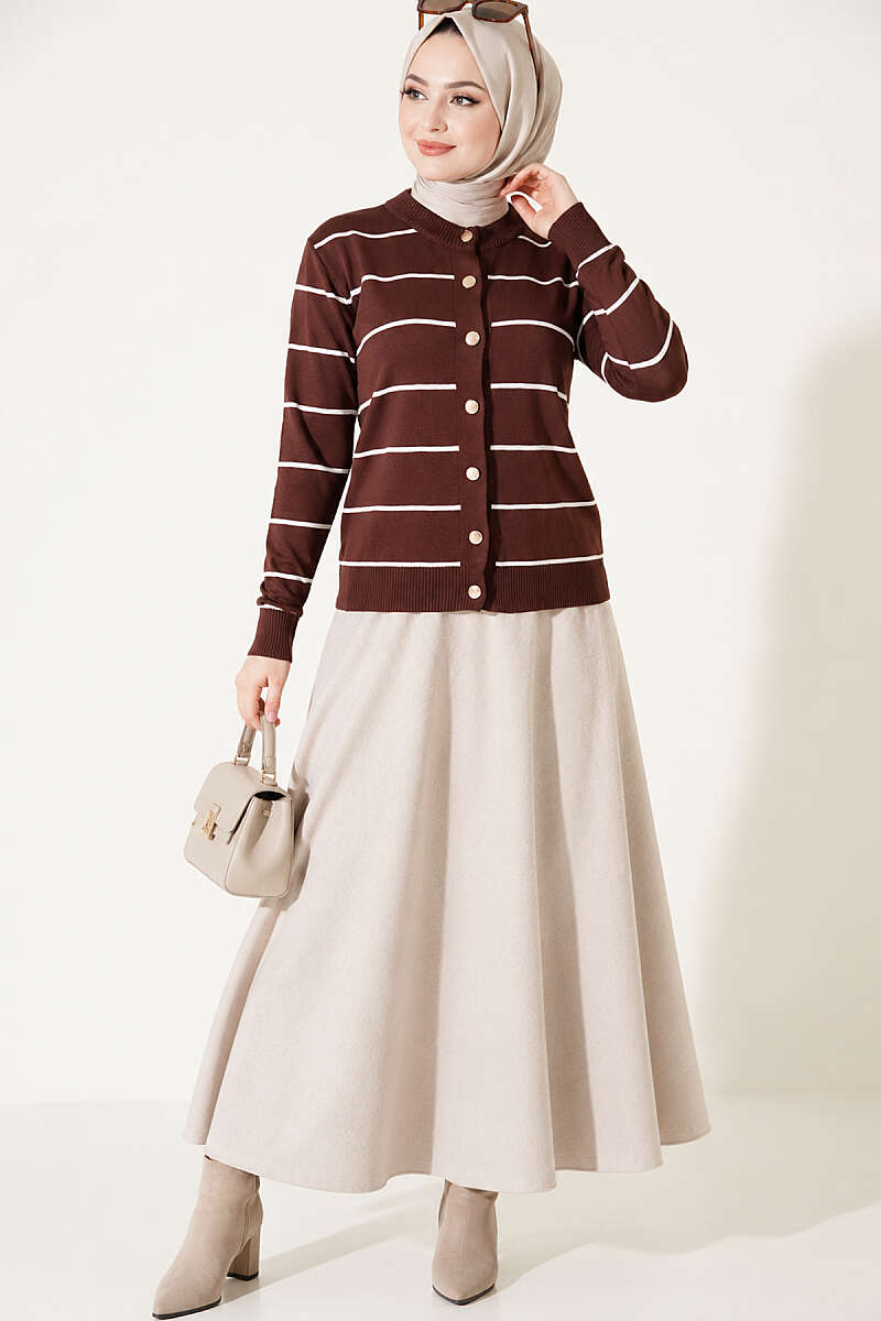 Striped Mercerised Cardigan with Gold Buttons - Chestnut