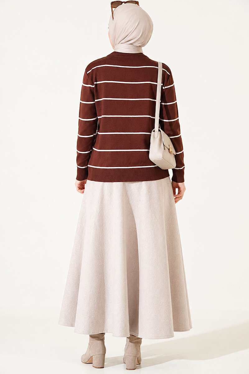 Striped Mercerised Cardigan with Gold Buttons - Chestnut