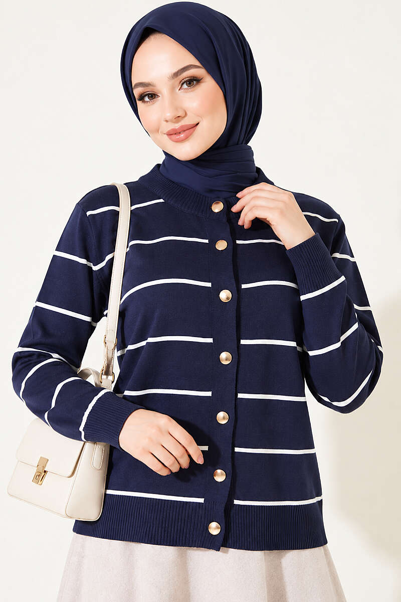 Striped Mercerised Cardigan with Gold Buttons - Navy