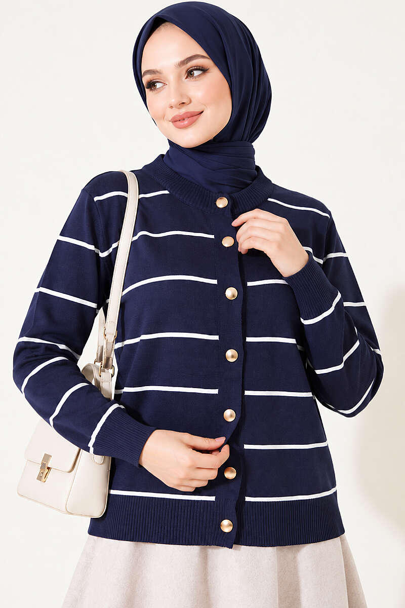 Striped Mercerised Cardigan with Gold Buttons - Navy