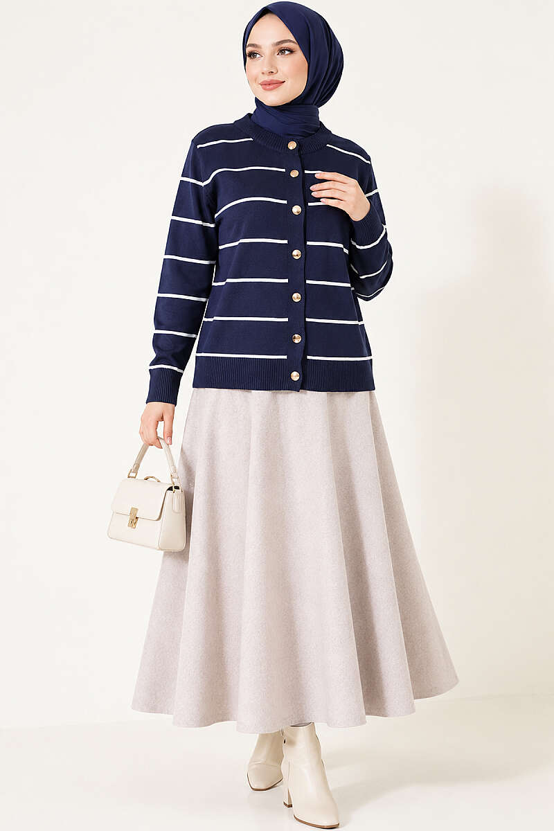 Striped Mercerised Cardigan with Gold Buttons - Navy