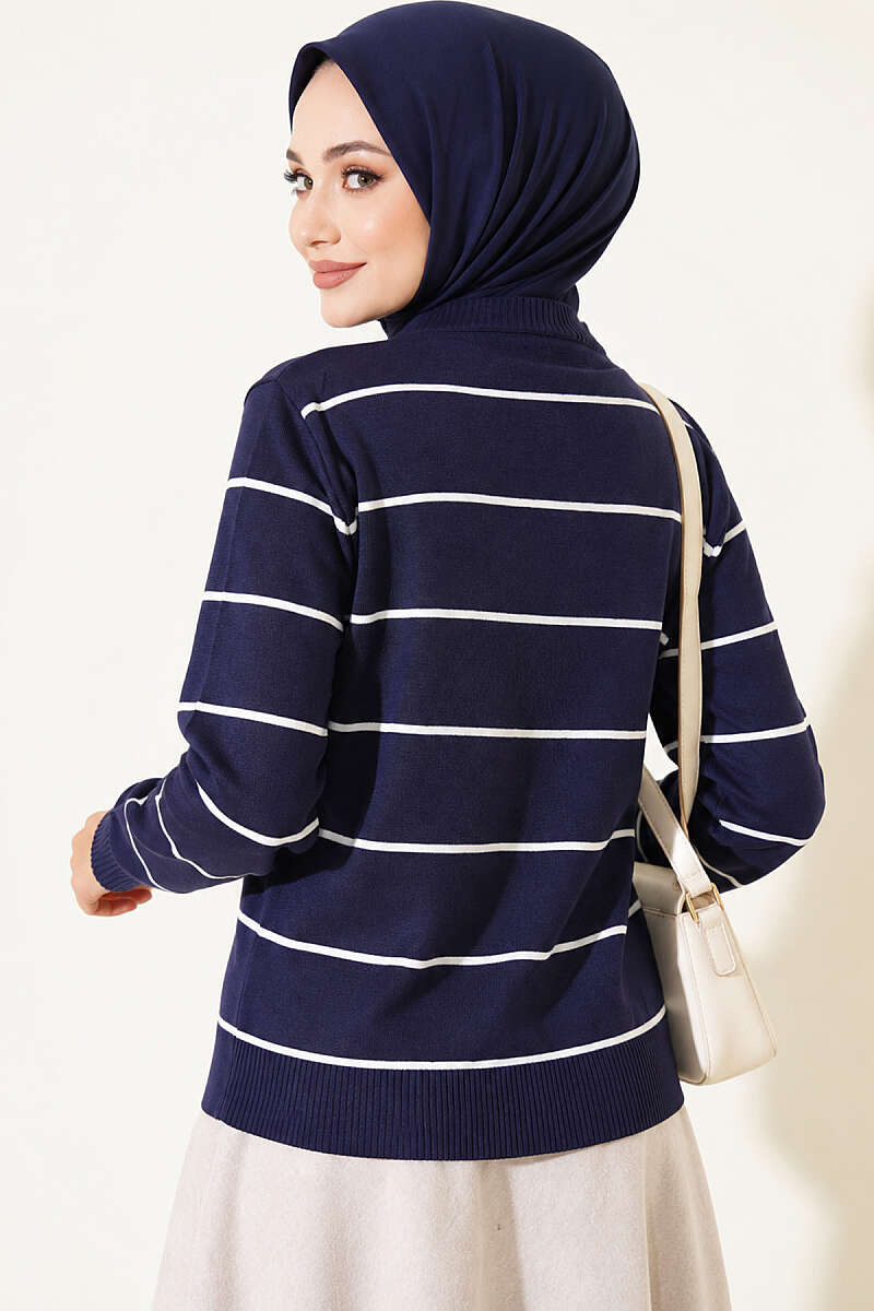 Striped Mercerised Cardigan with Gold Buttons - Navy