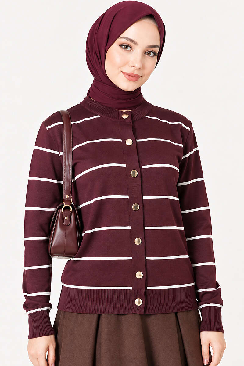 Striped Mercerised Cardigan with Gold Buttons - Plum