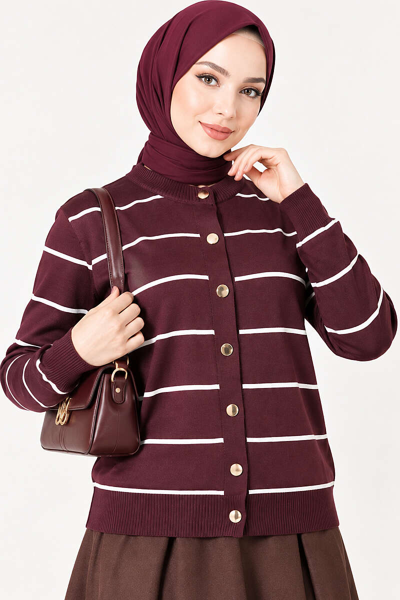 Striped Mercerised Cardigan with Gold Buttons - Plum