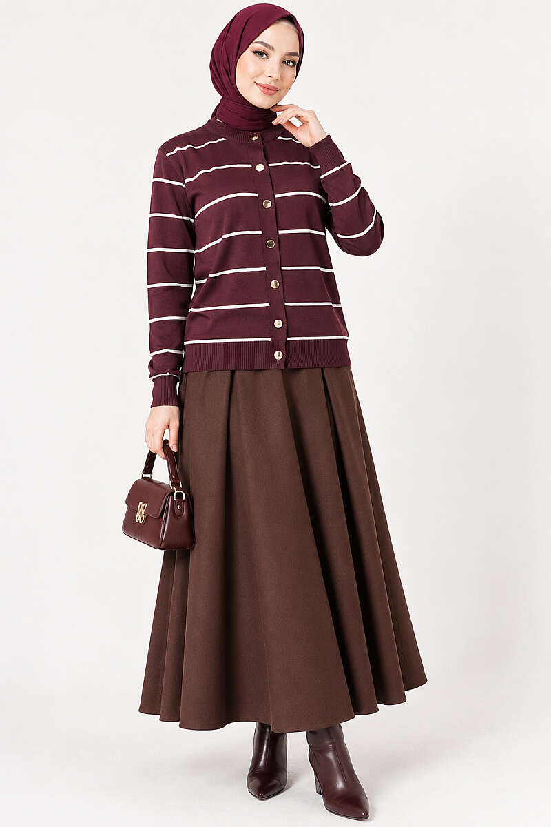 Striped Mercerised Cardigan with Gold Buttons - Plum