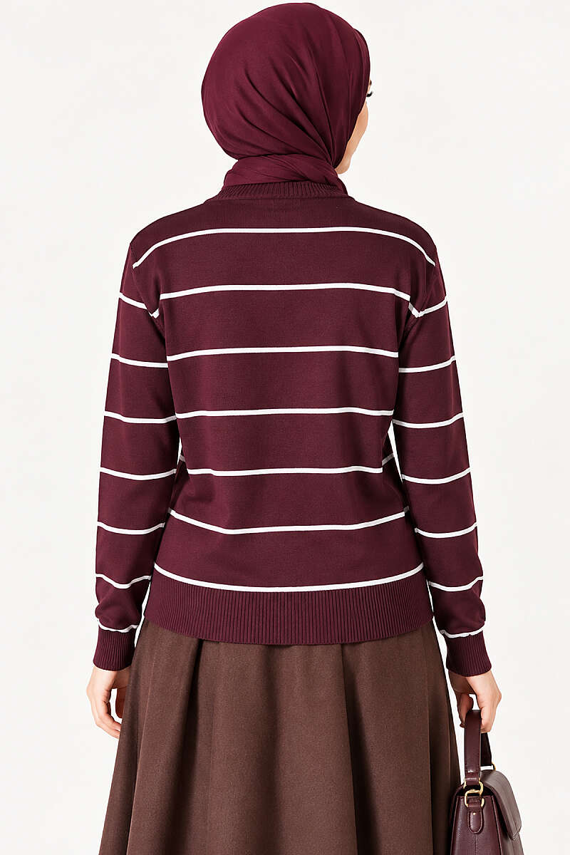 Striped Mercerised Cardigan with Gold Buttons - Plum