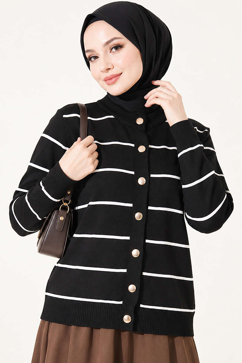 Striped Mercerised Cardigan with Gold Buttons - Black
