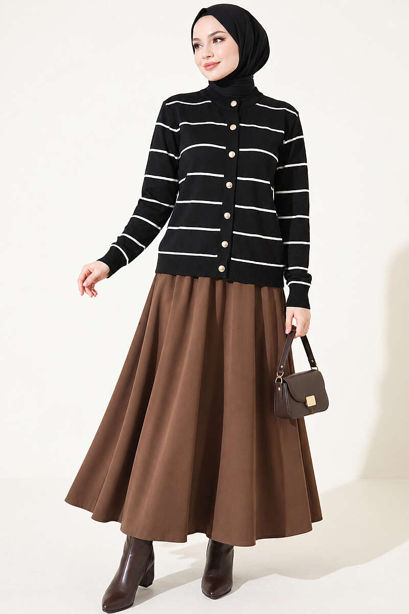 Striped Mercerised Cardigan with Gold Buttons - Black