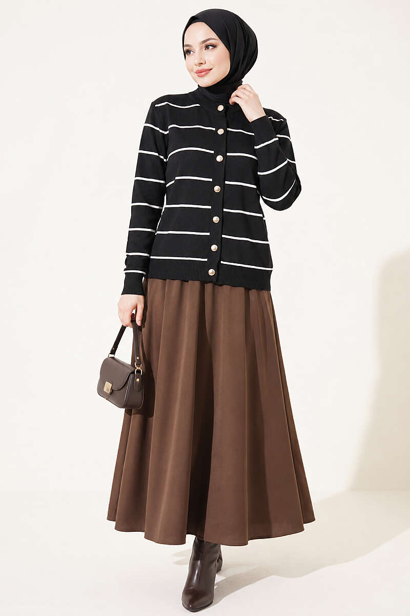 Striped Mercerised Cardigan with Gold Buttons - Black