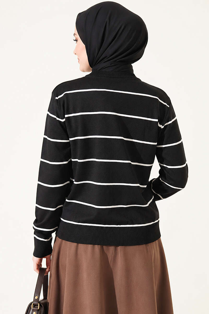 Striped Mercerised Cardigan with Gold Buttons - Black