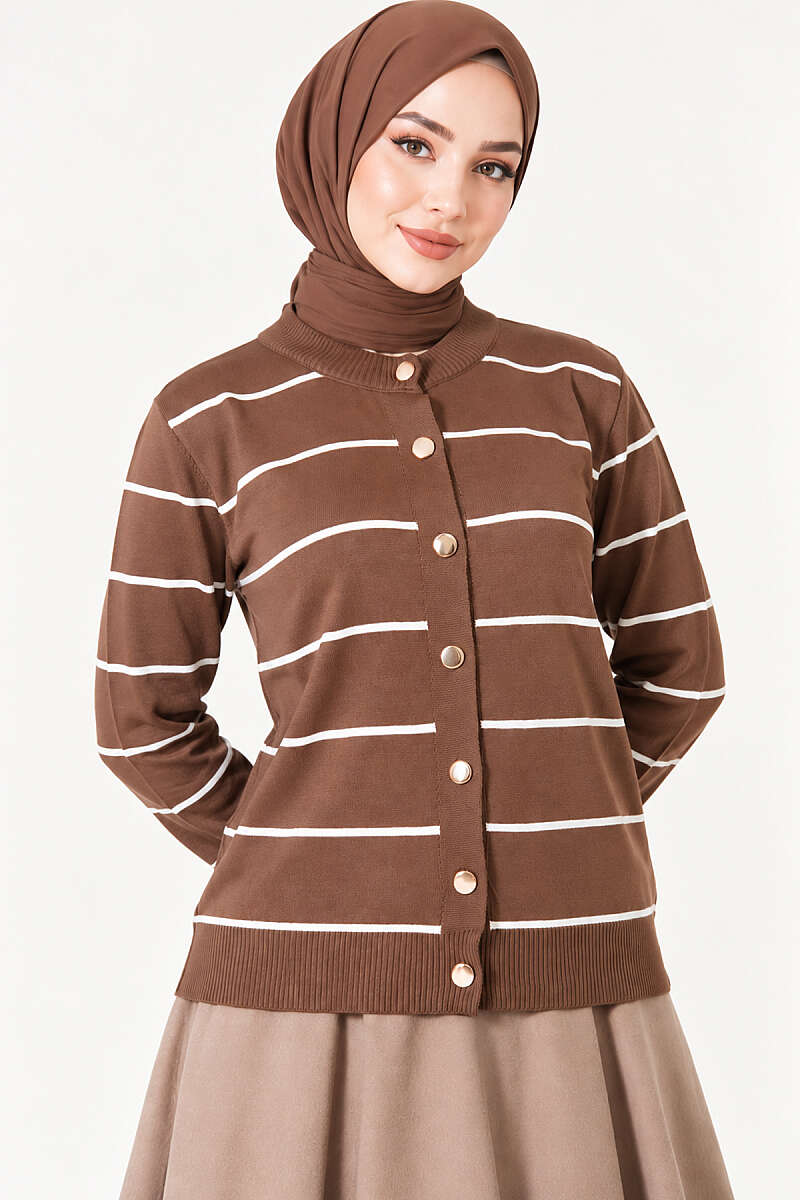 Striped Mercerised Cardigan with Gold Buttons - Mink