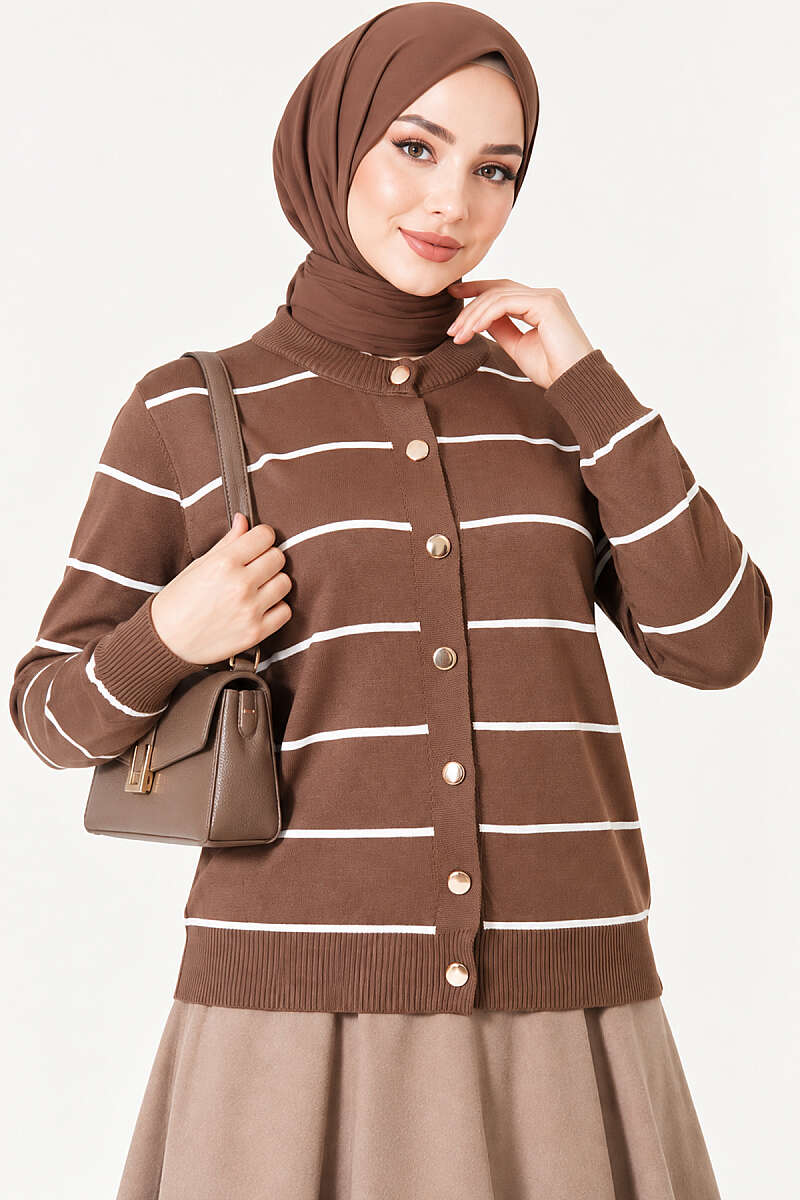Striped Mercerised Cardigan with Gold Buttons - Mink