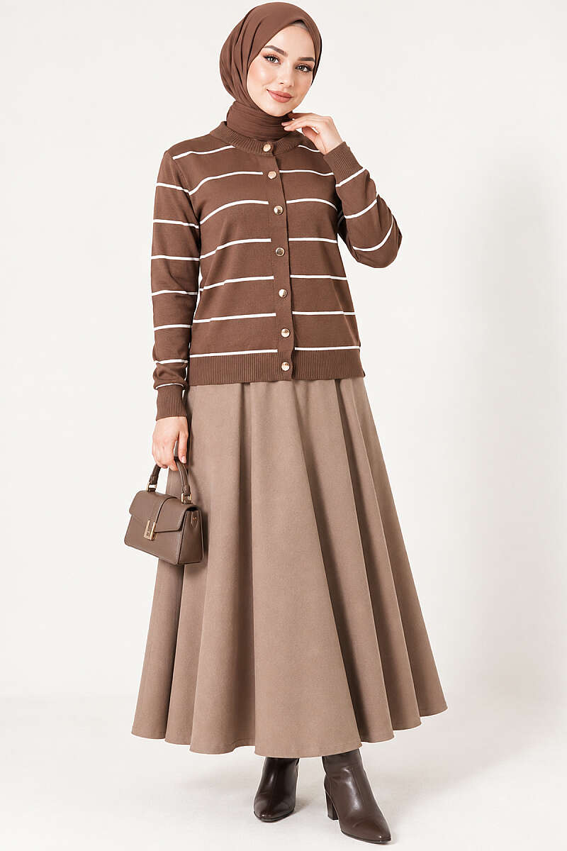Striped Mercerised Cardigan with Gold Buttons - Mink
