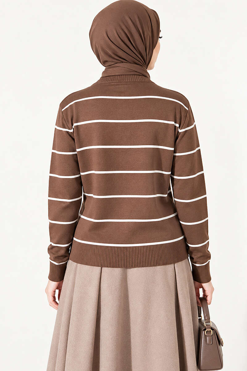 Striped Mercerised Cardigan with Gold Buttons - Mink