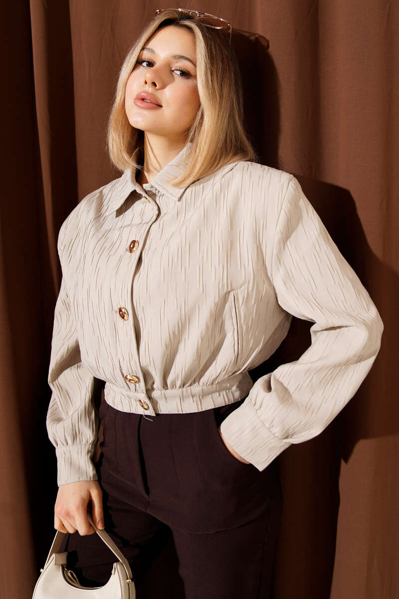 Short Embossed Jacket with Gold Buttons - Beige