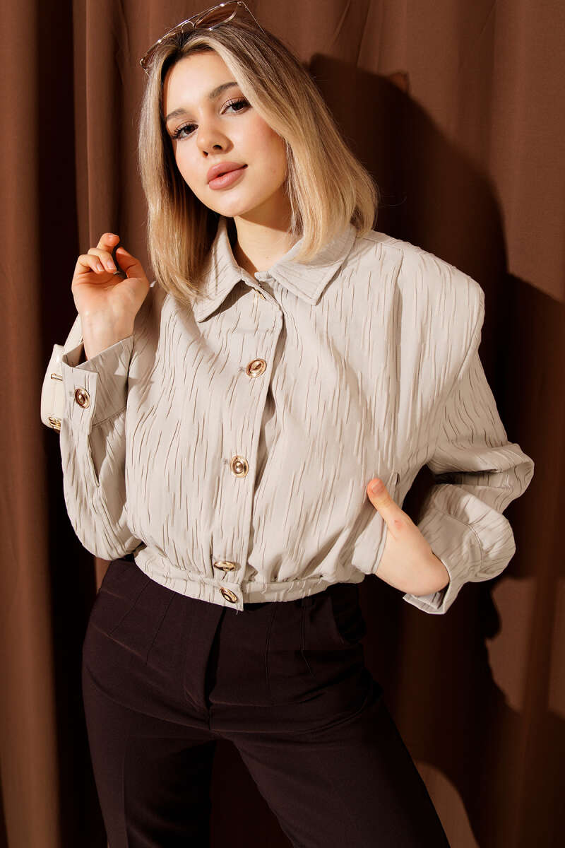 Short Embossed Jacket with Gold Buttons - Beige