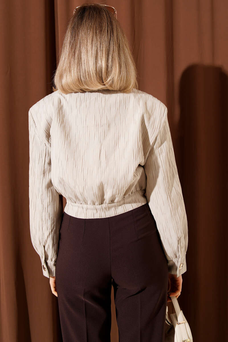 Short Embossed Jacket with Gold Buttons - Beige