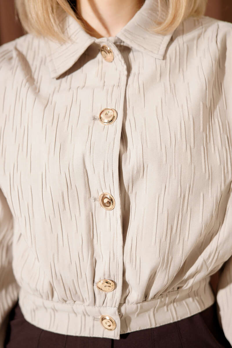 Short Embossed Jacket with Gold Buttons - Beige