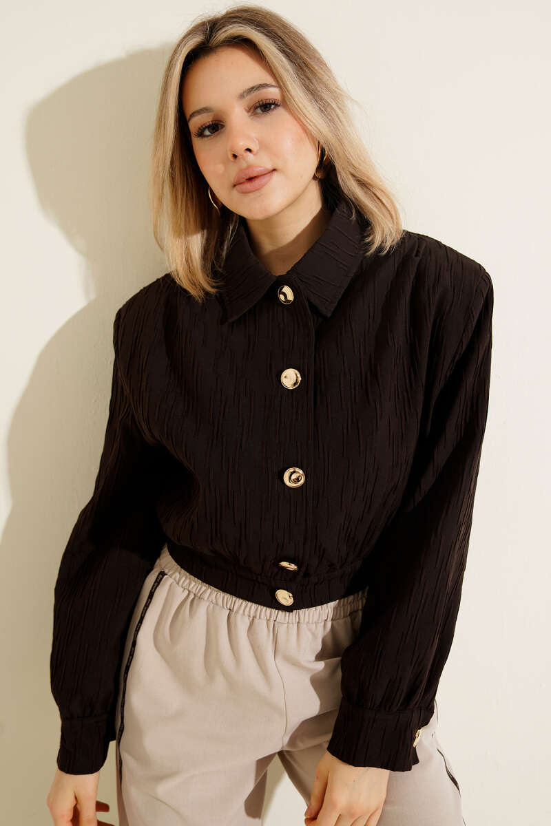 Short Embossed Jacket with Gold Buttons - Brown