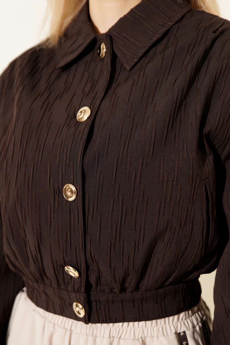 Short Embossed Jacket with Gold Buttons - Brown
