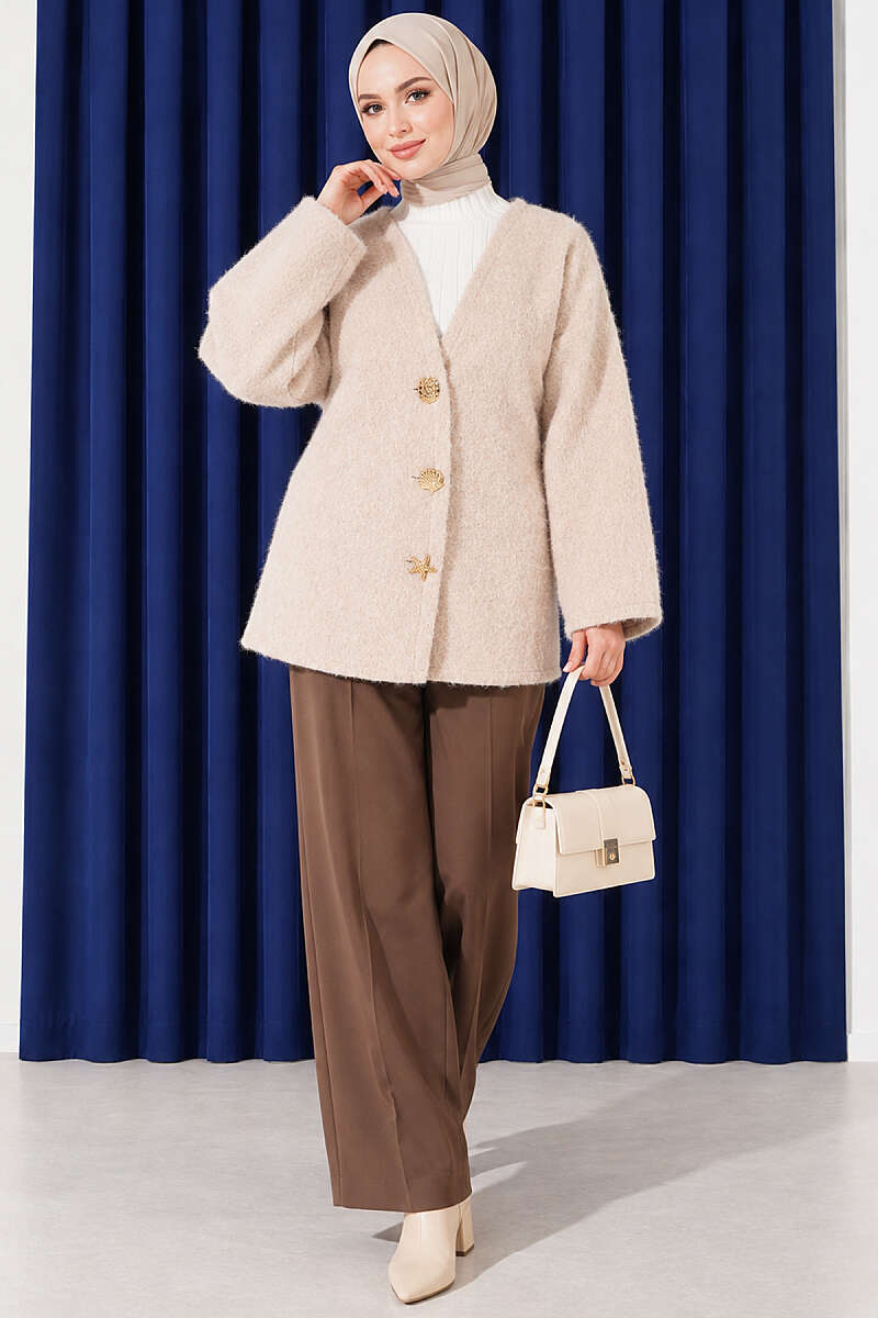 Felt Jacket with Gold Buttons - Beige