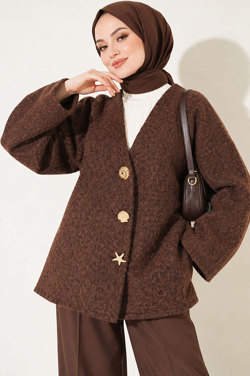 Felt Jacket with Gold Buttons - Brown
