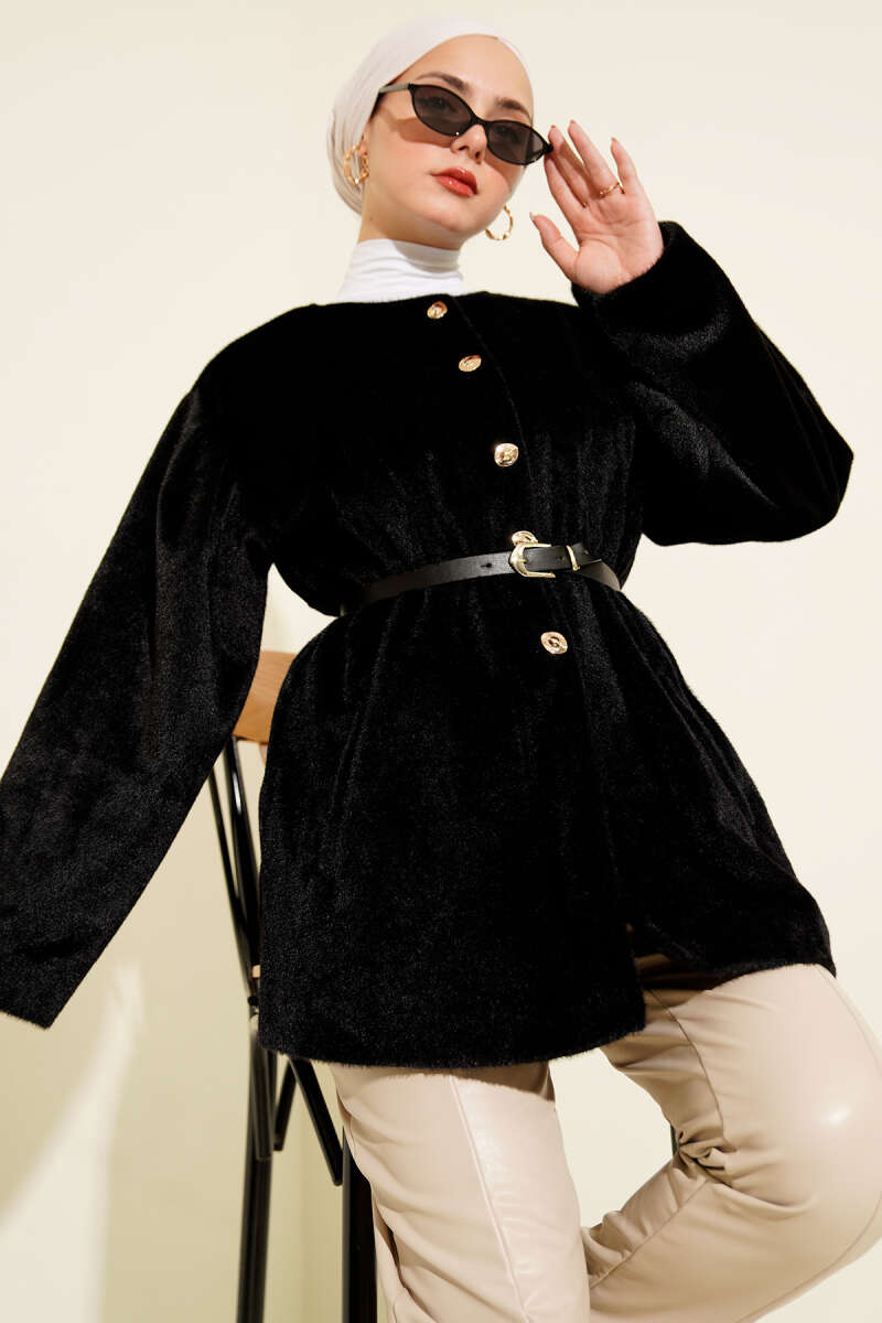 Belted Goldfox Jacket with Gold Buttons - Black