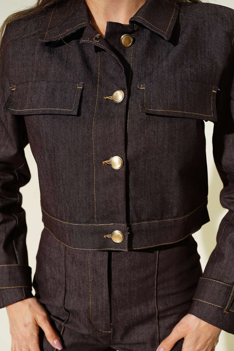 Denim Pants Set with Gold Buttons - Brown
