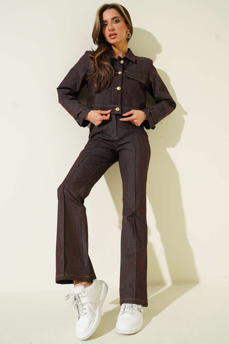 Denim Pants Set with Gold Buttons - Brown
