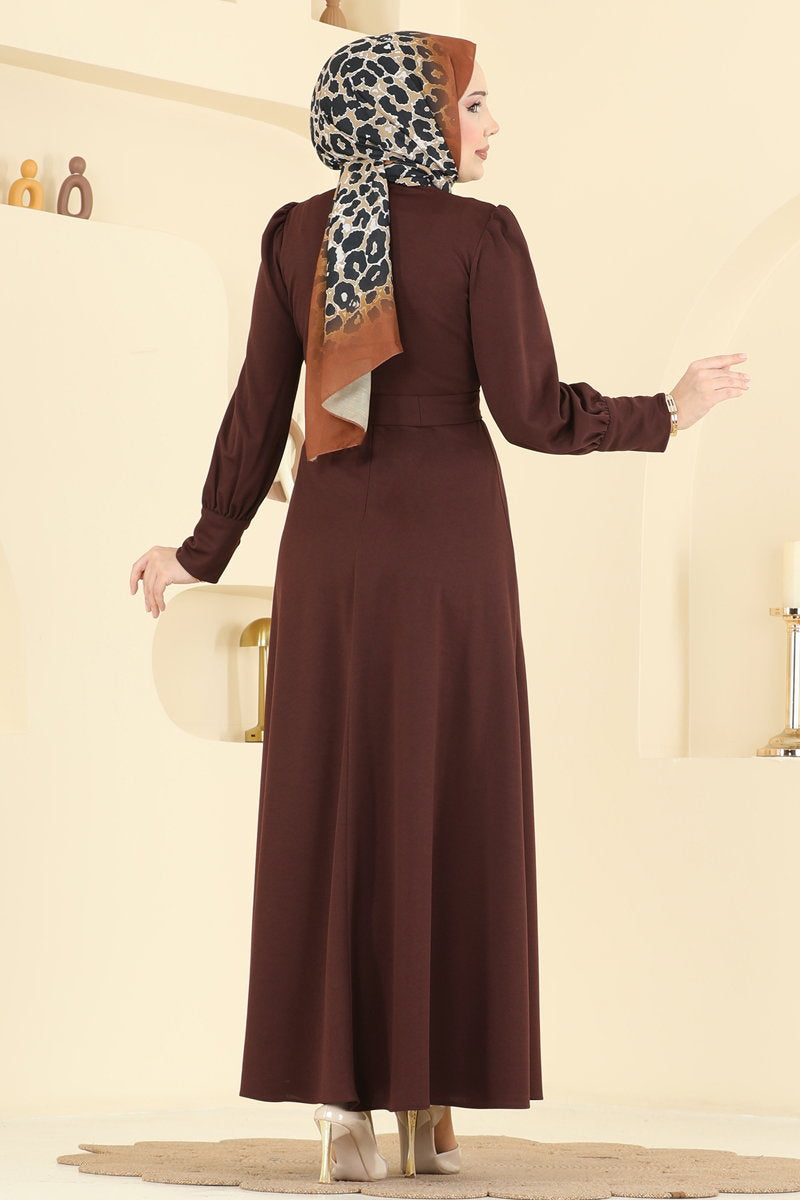 Crepe Dress with Gold Buttons - Brown