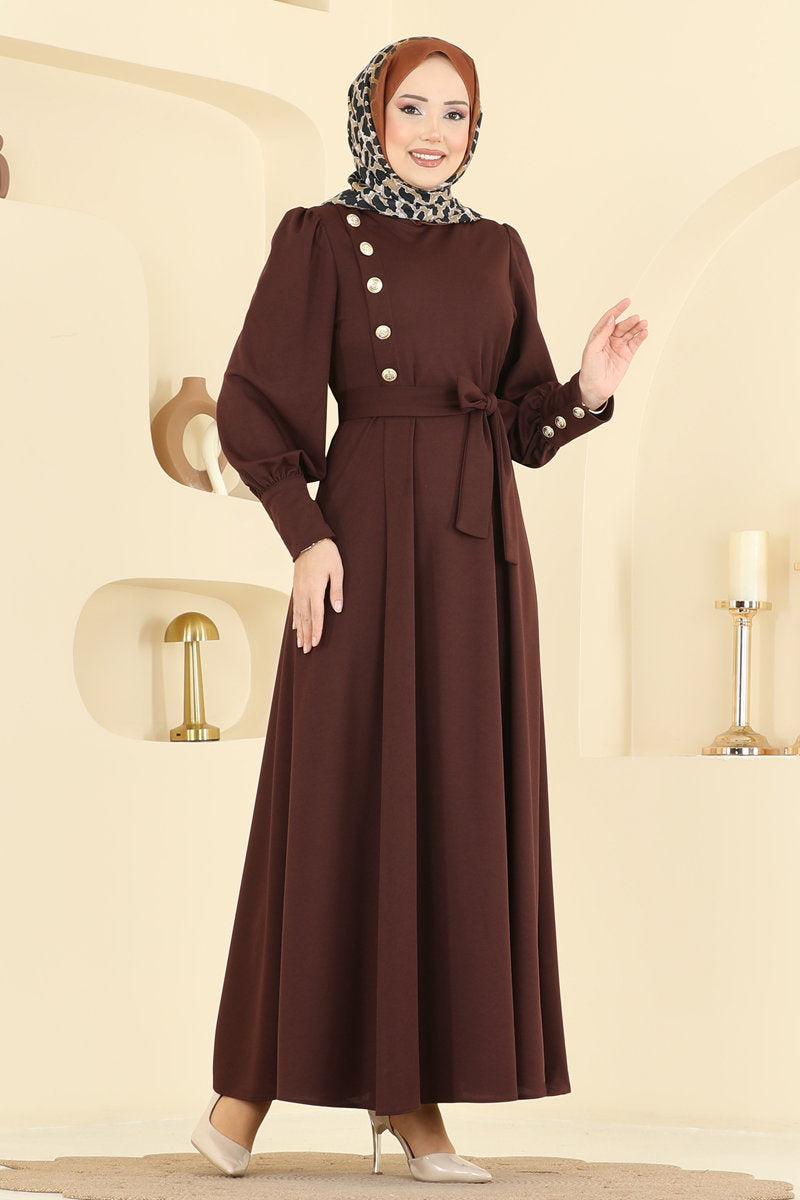 Crepe Dress with Gold Buttons - Brown