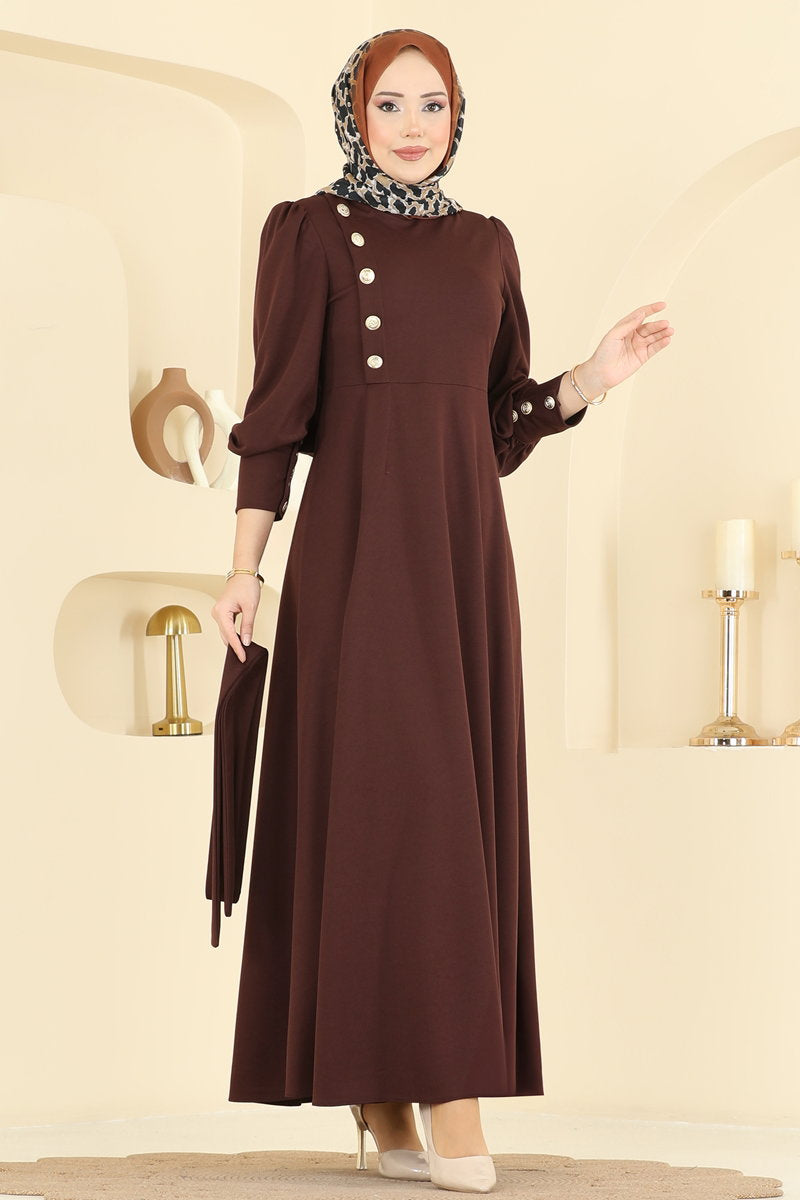 Crepe Dress with Gold Buttons - Brown