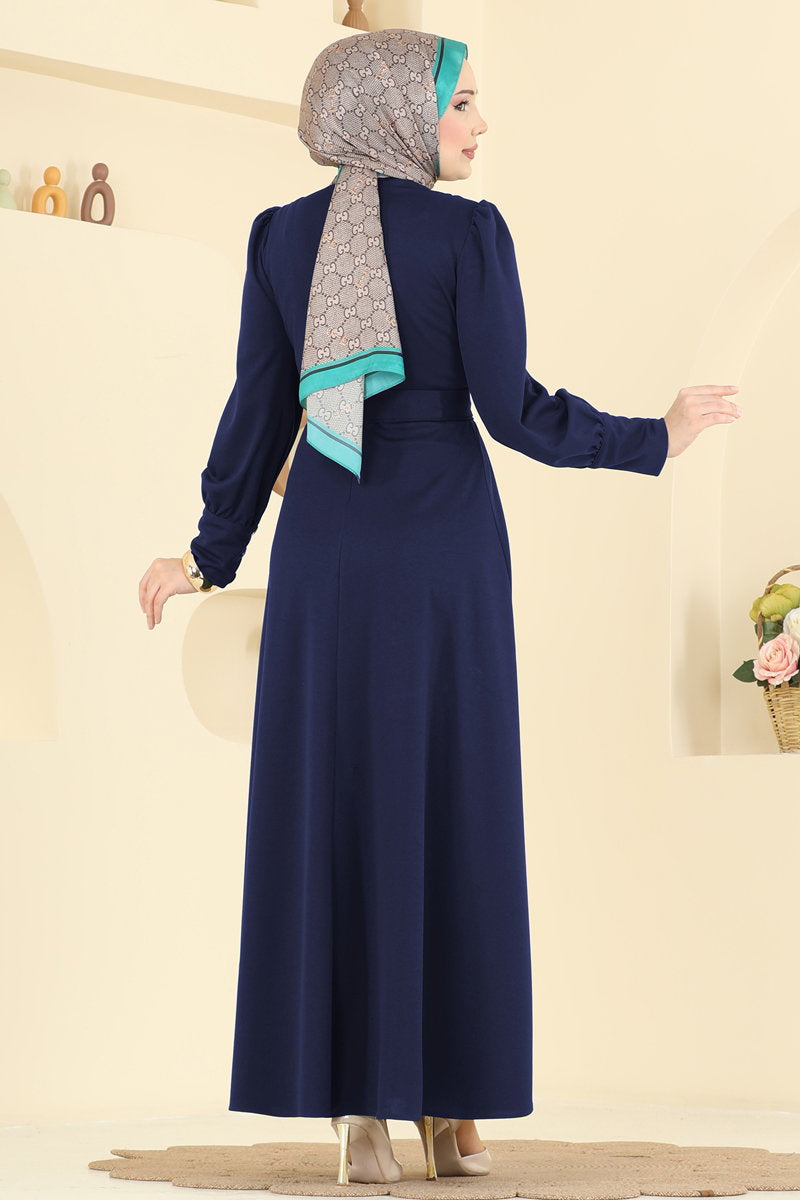 Crepe Dress with Gold Buttons - Navy