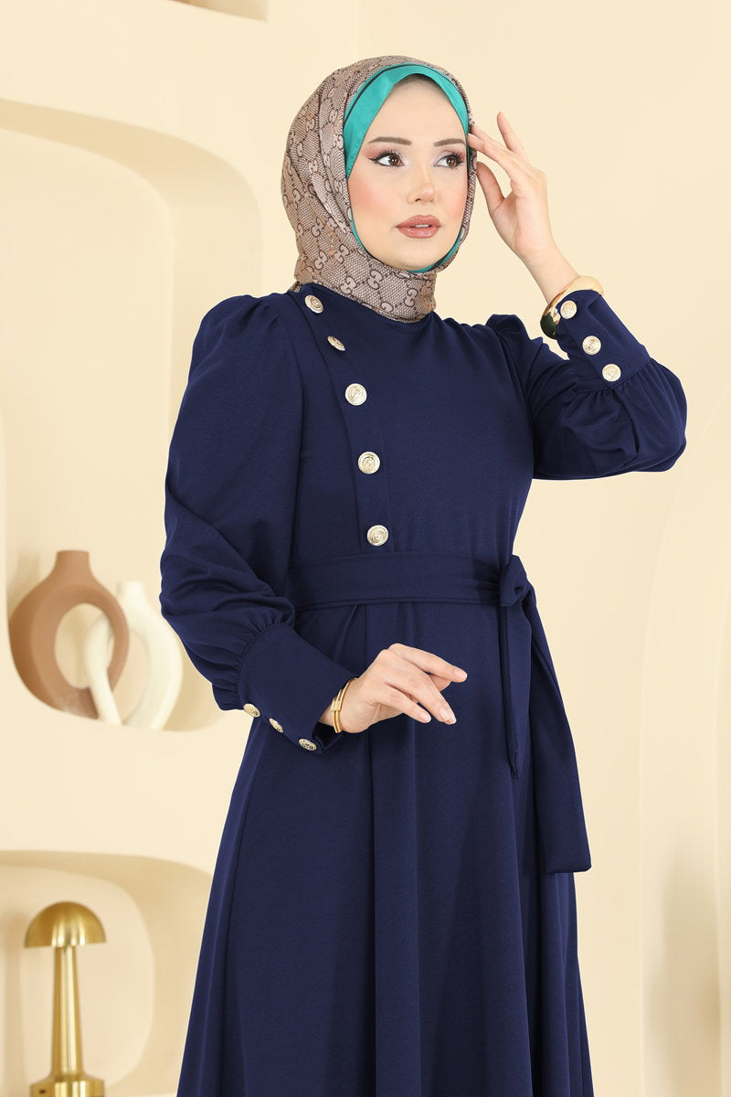 Crepe Dress with Gold Buttons - Navy