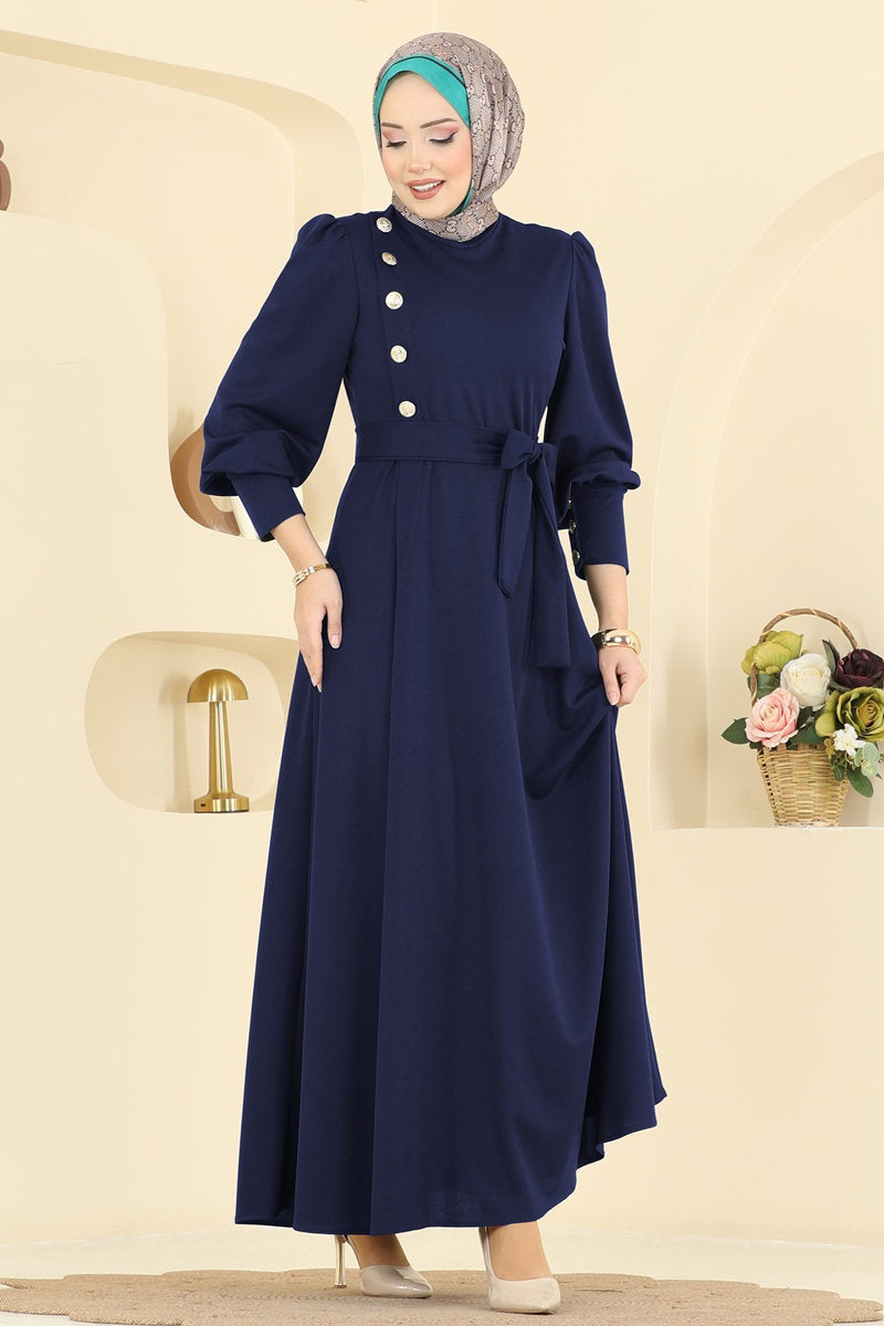 Crepe Dress with Gold Buttons - Navy