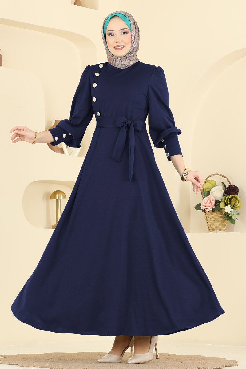 Crepe Dress with Gold Buttons - Navy