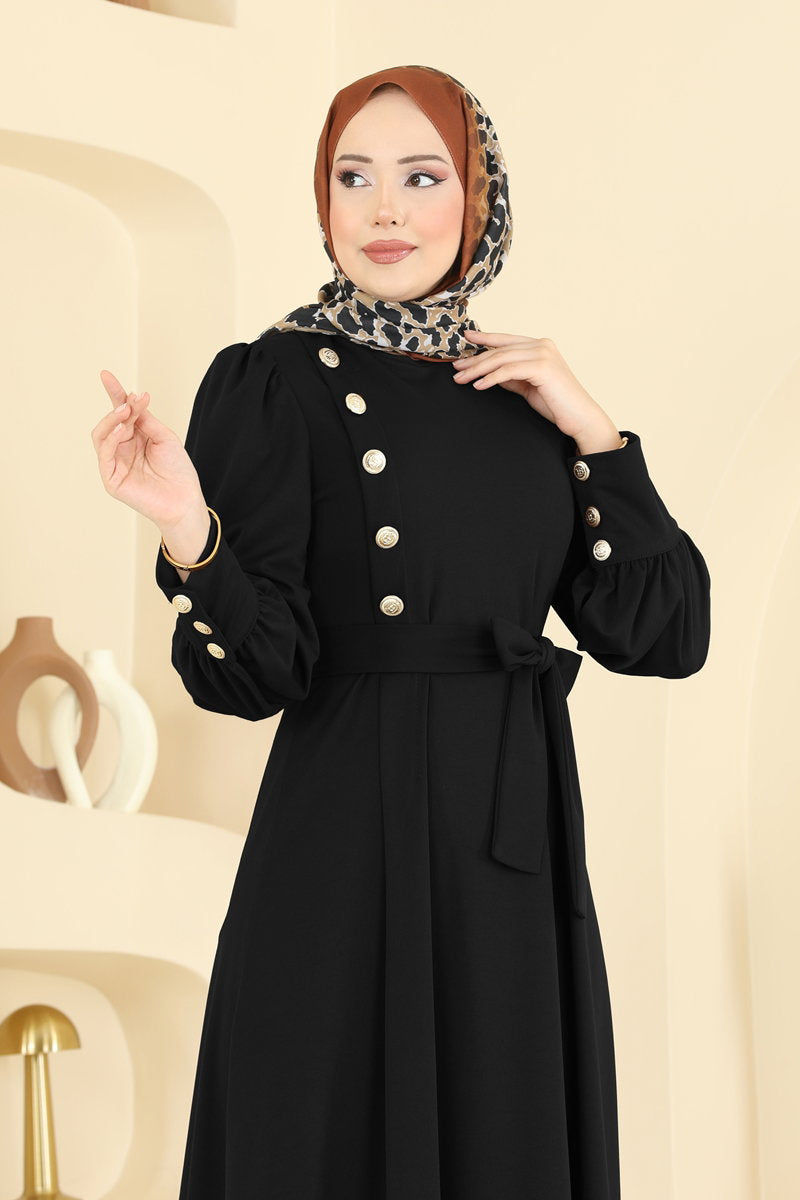 Crepe Dress with Gold Buttons - Black