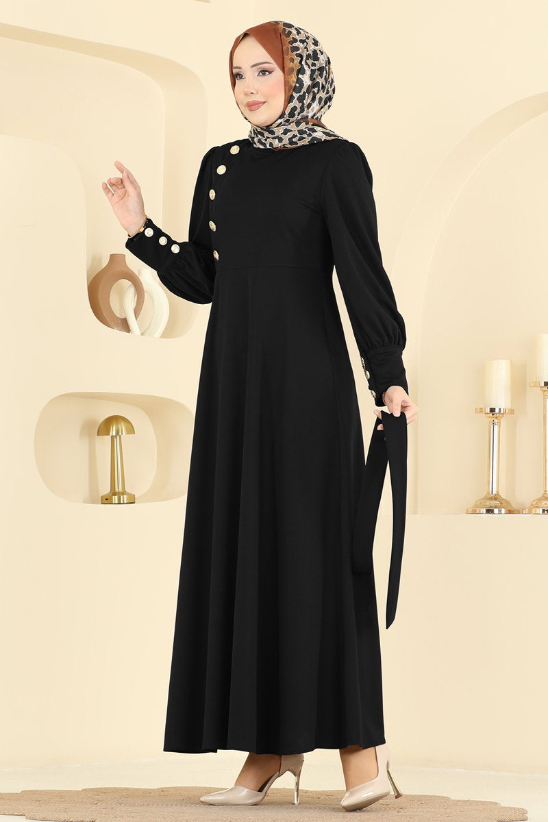 Crepe Dress with Gold Buttons - Black