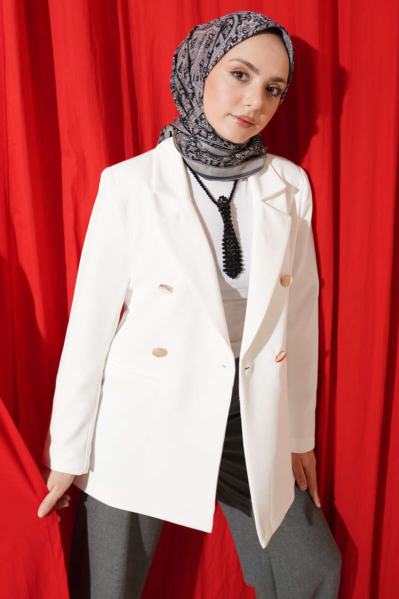 Double-Breasted Blazer with Gold Buttons - Ecru